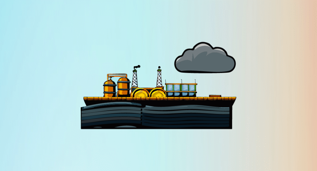 Ilustración de infraestructura y operaciones en puertos marítimos, mostrando contenedores, maquinaria industrial y gestión portuaria sostenible