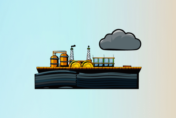 Ilustración de infraestructura y operaciones en puertos marítimos, mostrando contenedores, maquinaria industrial y gestión portuaria sostenible