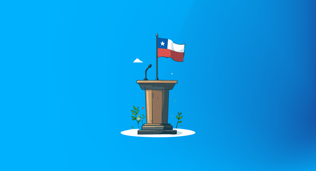 Podio con micrófono y bandera de Chile ondeando sobre fondo azul por las presidenciales en chile 2025
