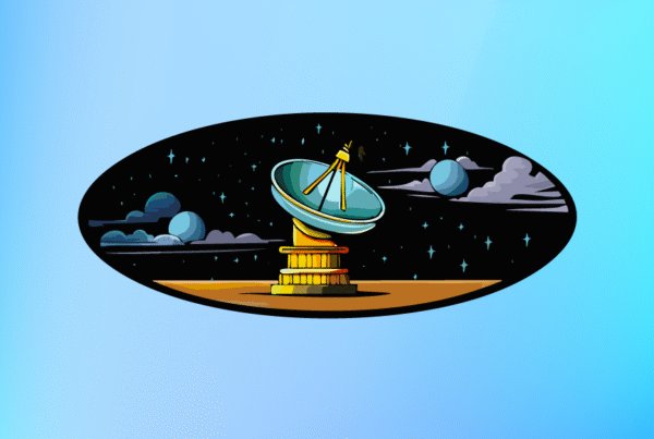 Ilustración de antena parabólica apuntando al espacio nocturno, representando la tecnología de banda ancha satelital y su conectividad de alto alcance