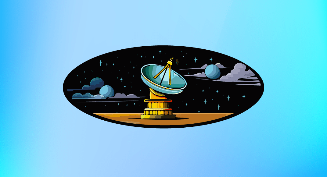 Ilustración de antena parabólica apuntando al espacio nocturno, representando la tecnología de banda ancha satelital y su conectividad de alto alcance