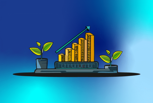 Ilustración sobre desarrollo económico con crecimiento financiero y sostenibilidad