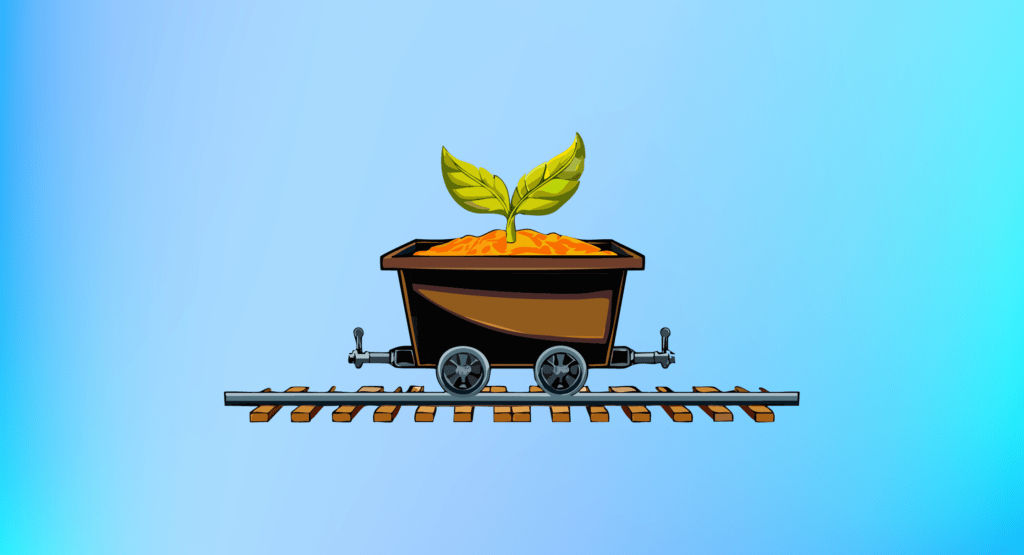 Ilustración de minería chilena sostenible: carro minero con planta emergente sobre rieles, símbolo de transición hacia una minería chilena con enfoque ASG y descarbonización.