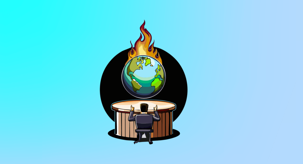 CEO analizando riesgos globales y sostenibilidad, representado observando el planeta en crisis desde una mesa de decisiones, simbolizando el rol del CEO en la gestión estratégica, liderazgo corporativo y toma de decisiones frente a desafíos climáticos y económicos.