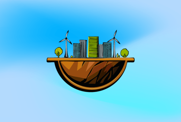 Ilustración de ciudades sostenibles con edificios verdes, energías renovables y aerogeneradores, modelo de desarrollo urbano sostenible, planificación territorial resiliente y transición hacia ciudades bajas en carbono.