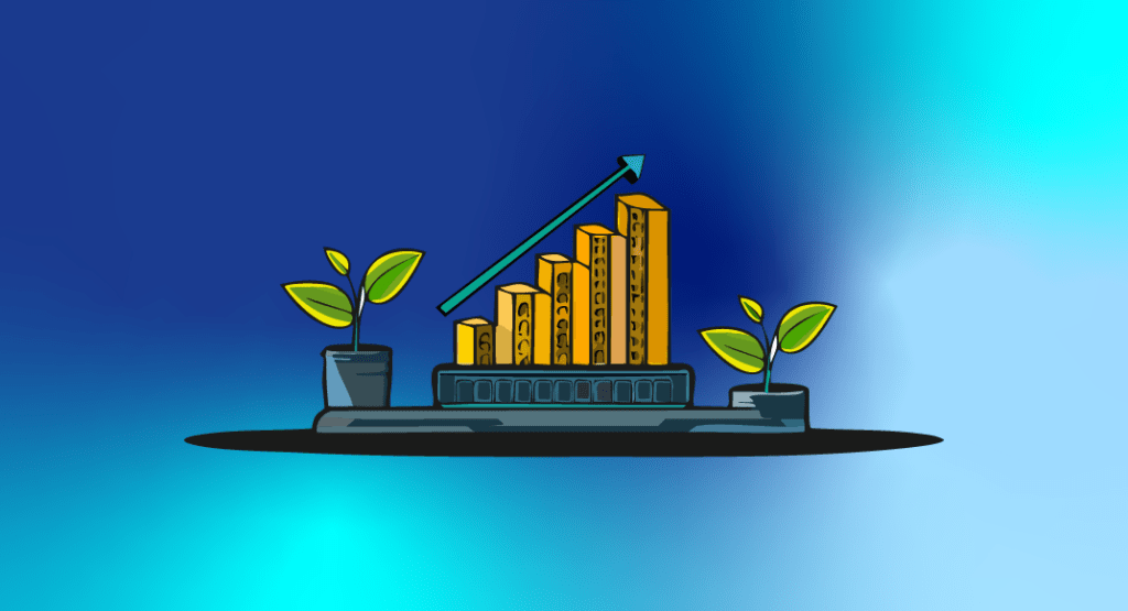 Ilustración de crecimiento y desarrollo económico sostenible con gráfico ascendente, monedas y plantas que representan inversión responsable, finanzas sostenibles y generación de valor económico con impacto ambiental y social positivo.