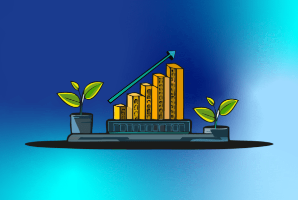 Ilustración de crecimiento y desarrollo económico sostenible con gráfico ascendente, monedas y plantas que representan inversión responsable, finanzas sostenibles y generación de valor económico con impacto ambiental y social positivo.