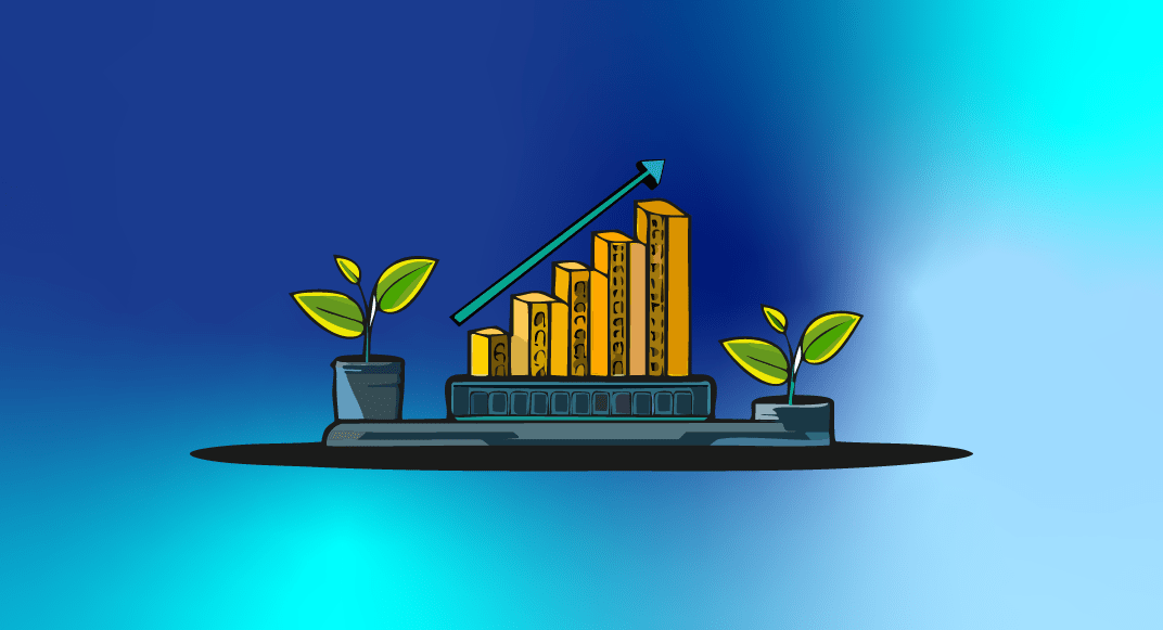 Ilustración de crecimiento y desarrollo económico sostenible con gráfico ascendente, monedas y plantas que representan inversión responsable, finanzas sostenibles y generación de valor económico con impacto ambiental y social positivo.