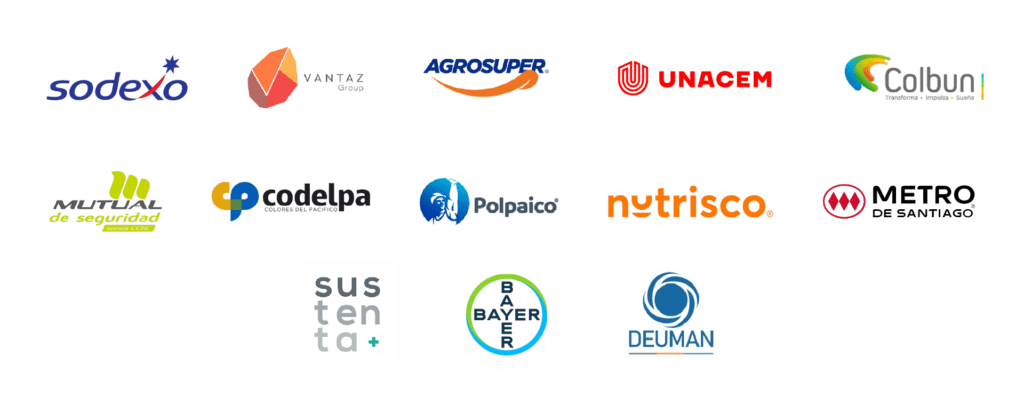 Sodexo - Grupo Vantaz - Agrosuper - Unacem - Colbún - Mutual de Seguridad - Codelpa - Polpaico - Nutrisco - Metro de Santiago - Sustenta+ - Bayer - Deuman