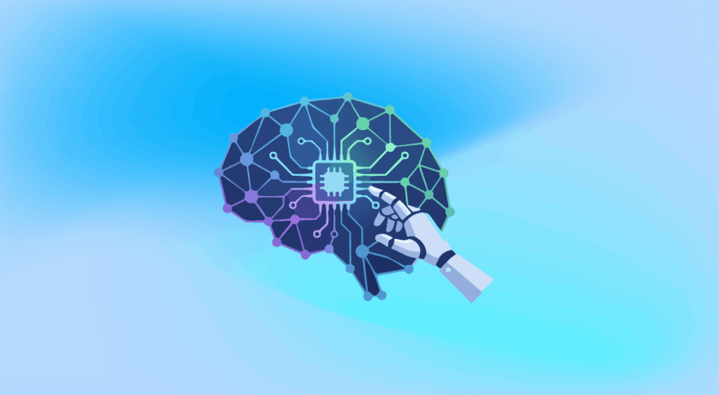 Cerebro con una mano de robot, asemejando la inteligencia artificial