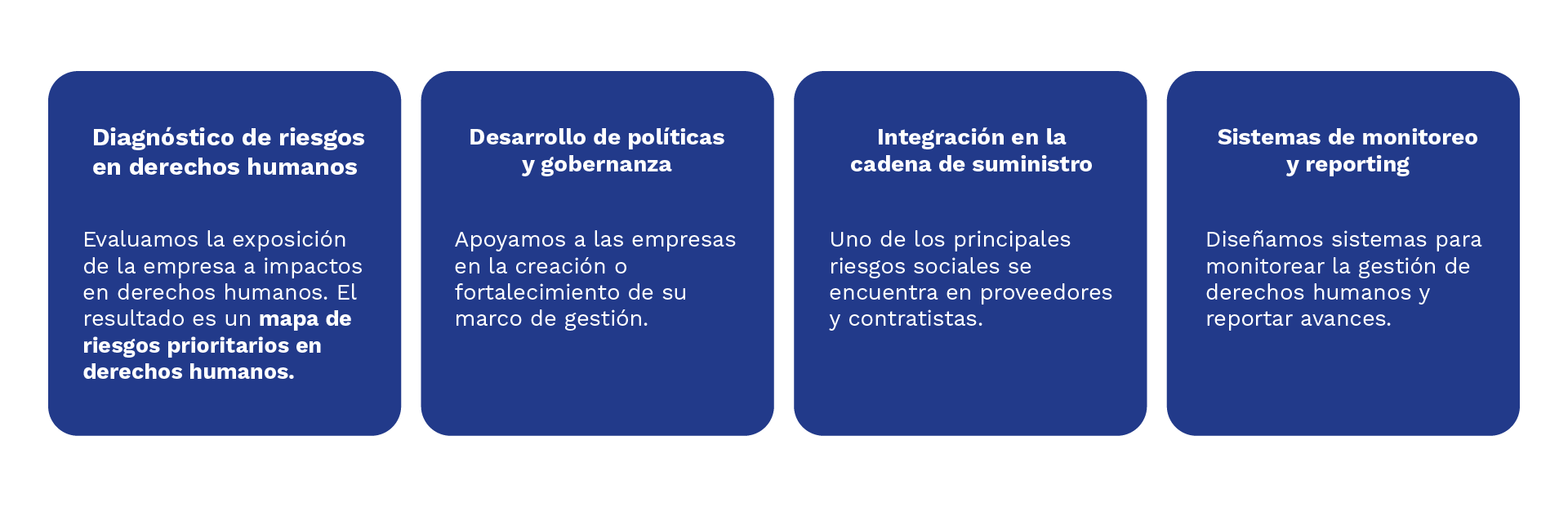 1️⃣ Diagnóstico de riesgos en derechos humanos: Evaluamos la exposición de la empresa a impactos en derechos humanos. El resultado es un mapa de riesgos prioritarios en derechos humanos. 2️⃣ Desarrollo de políticas y gobernanza: Apoyamos a las empresas en la creación o fortalecimiento de su marco de gestión. 3️⃣ Integración en la cadena de suministro: Uno de los principales riesgos sociales se encuentra en proveedores y contratistas. 4️⃣Sistemas de monitoreo y reporting: Diseñamos sistemas para monitorear la gestión de derechos humanos y reportar avances.
