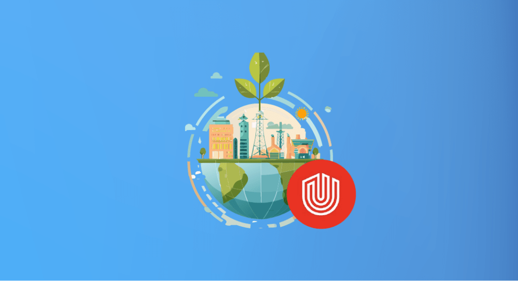 Círculo con planeta sostenible y logo de Unacem