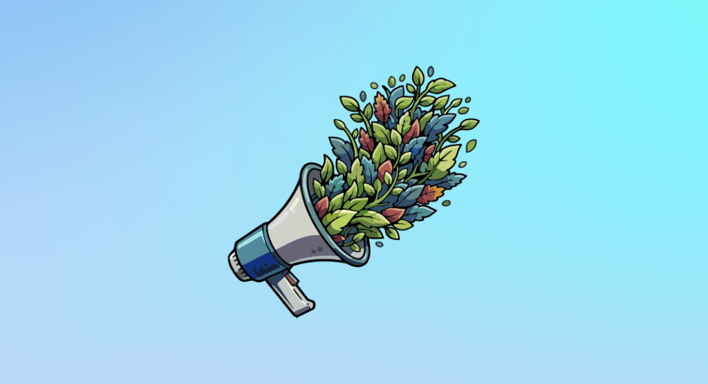 Megafono con plantas a modo de sonido, sobre una fondo celeste. TNFD