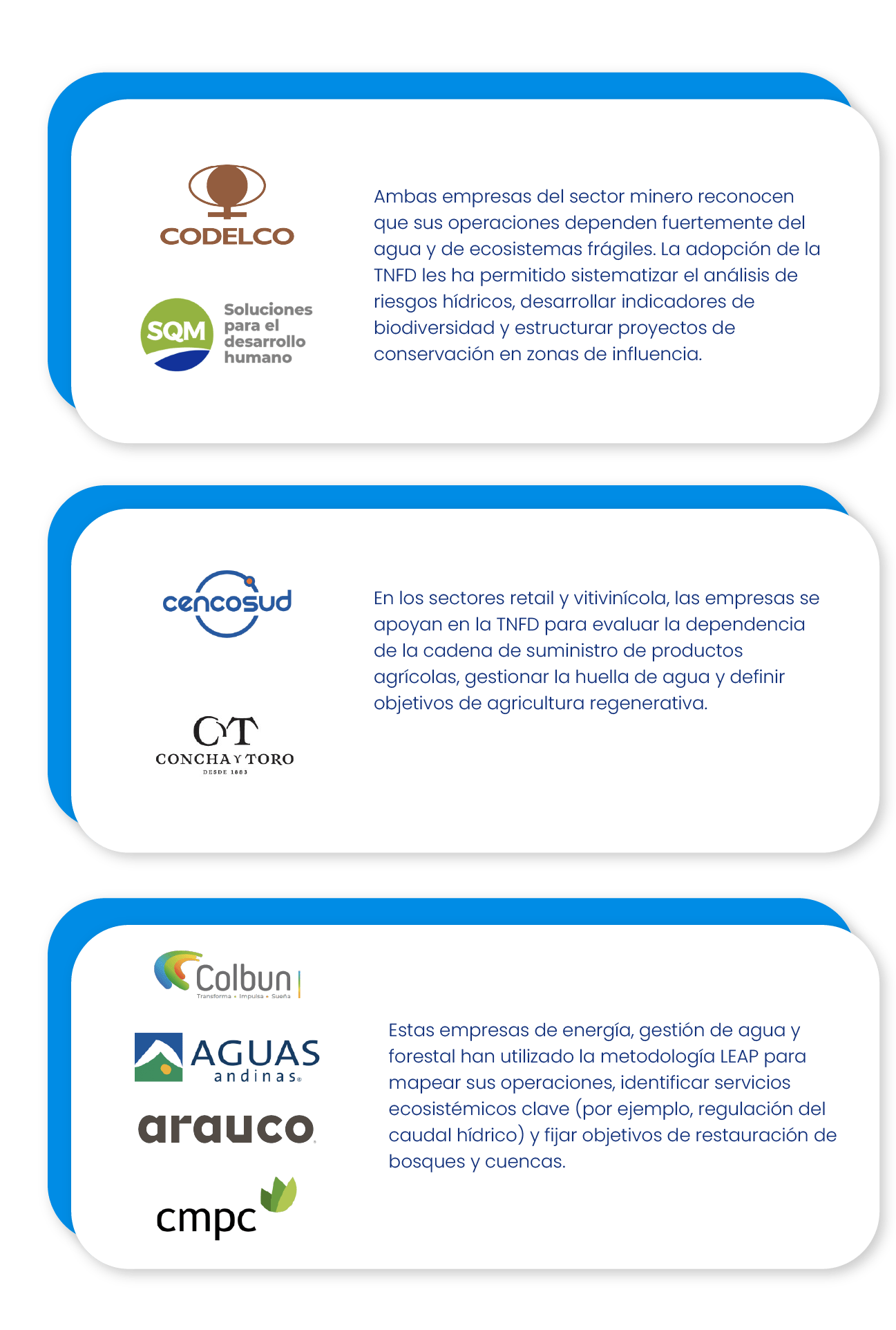 Casos de adopción de TNFD en empresas chilenas como Codelco, SQM, Cencosud, Concha y Toro, Colbún, Aguas Andinas, Arauco y CMPC para gestionar riesgos relacionados con la naturaleza, biodiversidad, recursos hídricos y cadenas de suministro sostenibles.