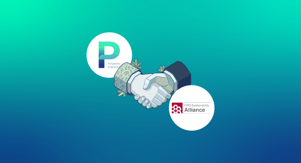 Imagen de alianza entre Proyecta Impacto e IFRS. Sobre un fondo degradente.