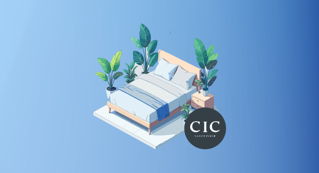 Una cama sobre un fondo liso azul con el logo de CIC empresa B