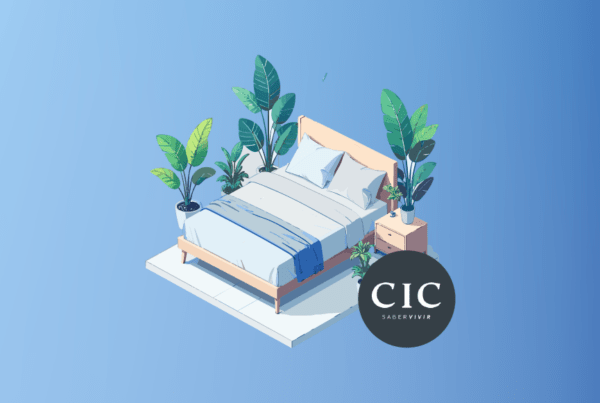 Una cama sobre un fondo liso azul con el logo de CIC empresa B